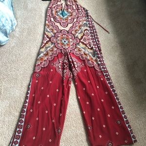 Maroon Aztec print jumpsuit.